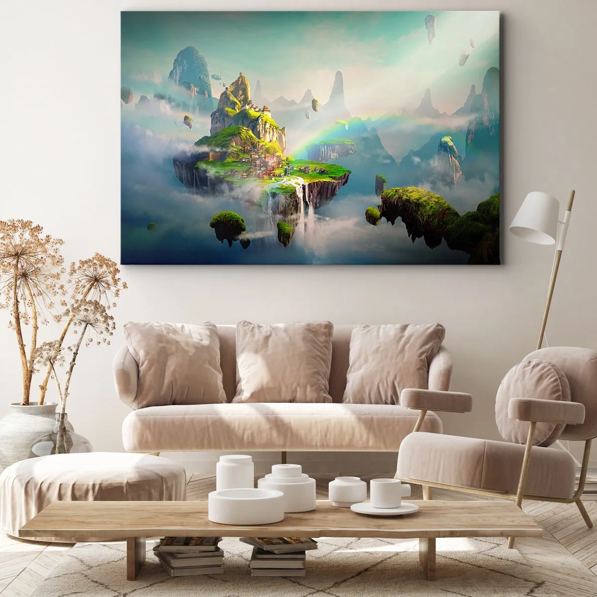 Impression sur toile - Image sur toile - Des îles volantes parmi les nuages avec un arc-en-ciel à l'horizon - 120x80cm - Au milieu des cieux - îles du bonheur - Décoration murale moderne pour le salon et la chambre ARTTOR