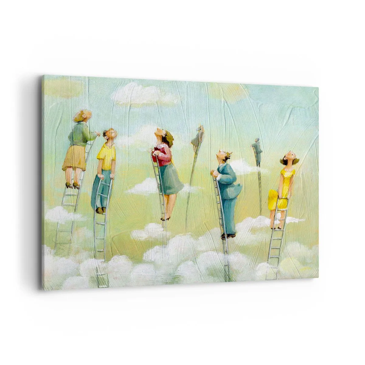 Impression sur toile - Image sur toile - Personnages grimpant sur des échelles parmi des nuages sur un fond pastel. - 120x80cm - Derrière ton rêve - Décoration murale moderne pour le salon et la chambre ARTTOR
