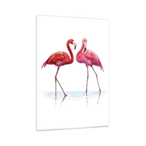 Impression sur verre - Image sur verre - Deux flamants roses debout dans l'eau - 50x70cm - Rendez-vous rose - Décoration murale moderne pour le salon et la chambre ARTTOR
