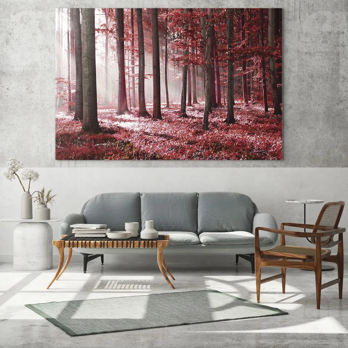Impression sur verre - Image sur verre - Forêt d'automne aux couleurs rouges et brouillard matinal - 70x50cm - Le rouge est tout aussi beau - Décoration murale moderne pour le salon et la chambre ARTTOR