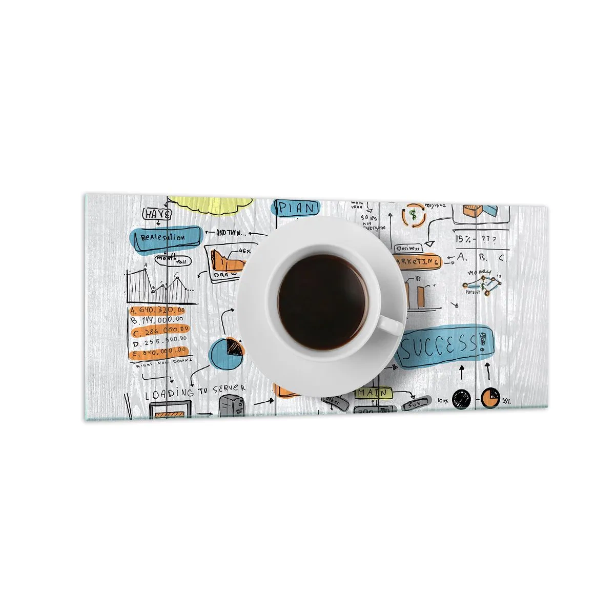 Impression sur verre - Image sur verre - Une tasse de café sur fond de dessin conceptuel - 120x50cm - Il est temps de faire une pause - Décoration murale moderne pour le salon et la chambre ARTTOR
