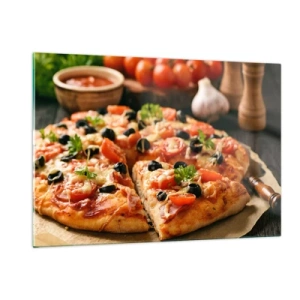 Impression sur verre - Image sur verre - Pizza appétissante aux tomates, olives et herbes - 120x80cm - Tu t'en es encore tiré - Décoration murale moderne pour le salon et la chambre ARTTOR