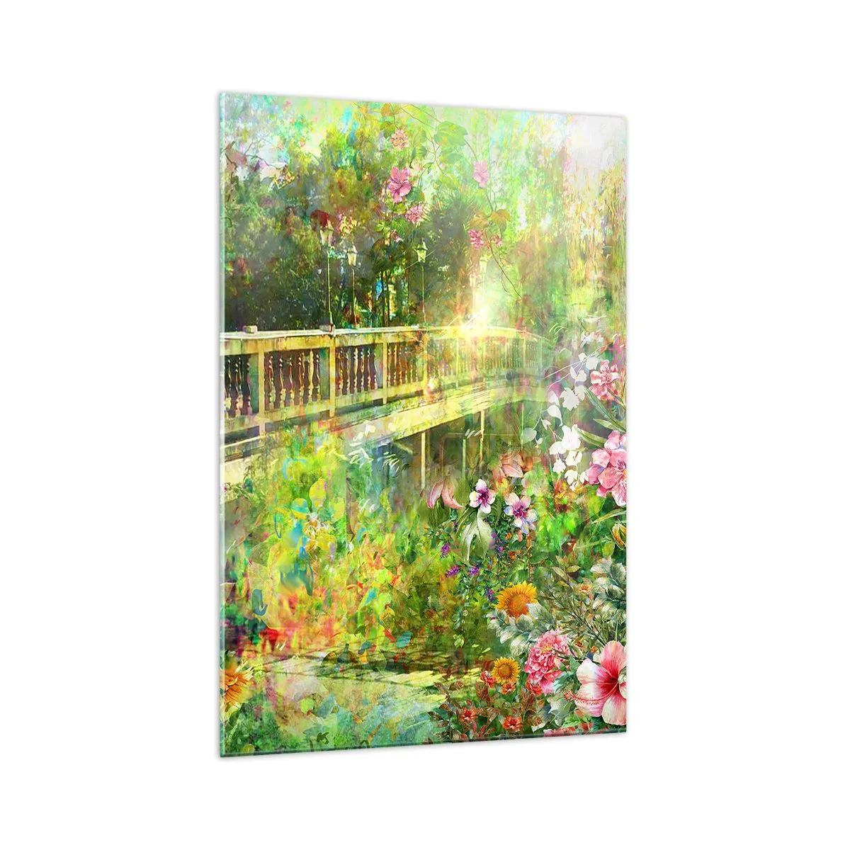 Impression sur verre - Image sur verre - Un pont entouré d'une végétation luxuriante et de fleurs - 70x100cm - Le soupire d'un pont de printemps - Décoration murale moderne pour le salon et la chambre ARTTOR