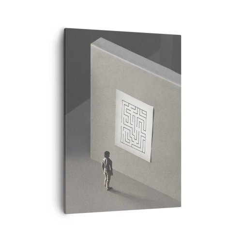 Impression sur toile - Image sur toile - Une figure dans un labyrinthe regardant une carte suspendue - 50x70cm - Mais où suis-je? - Décoration murale moderne pour le salon et la chambre ARTTOR