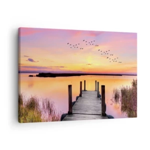Impression sur toile - Image sur toile - Une jetée sur un lac au coucher du soleil avec des oiseaux dans le ciel - 70x50cm - Aube silencieuse violette - Décoration murale moderne pour le salon et la chambre ARTTOR