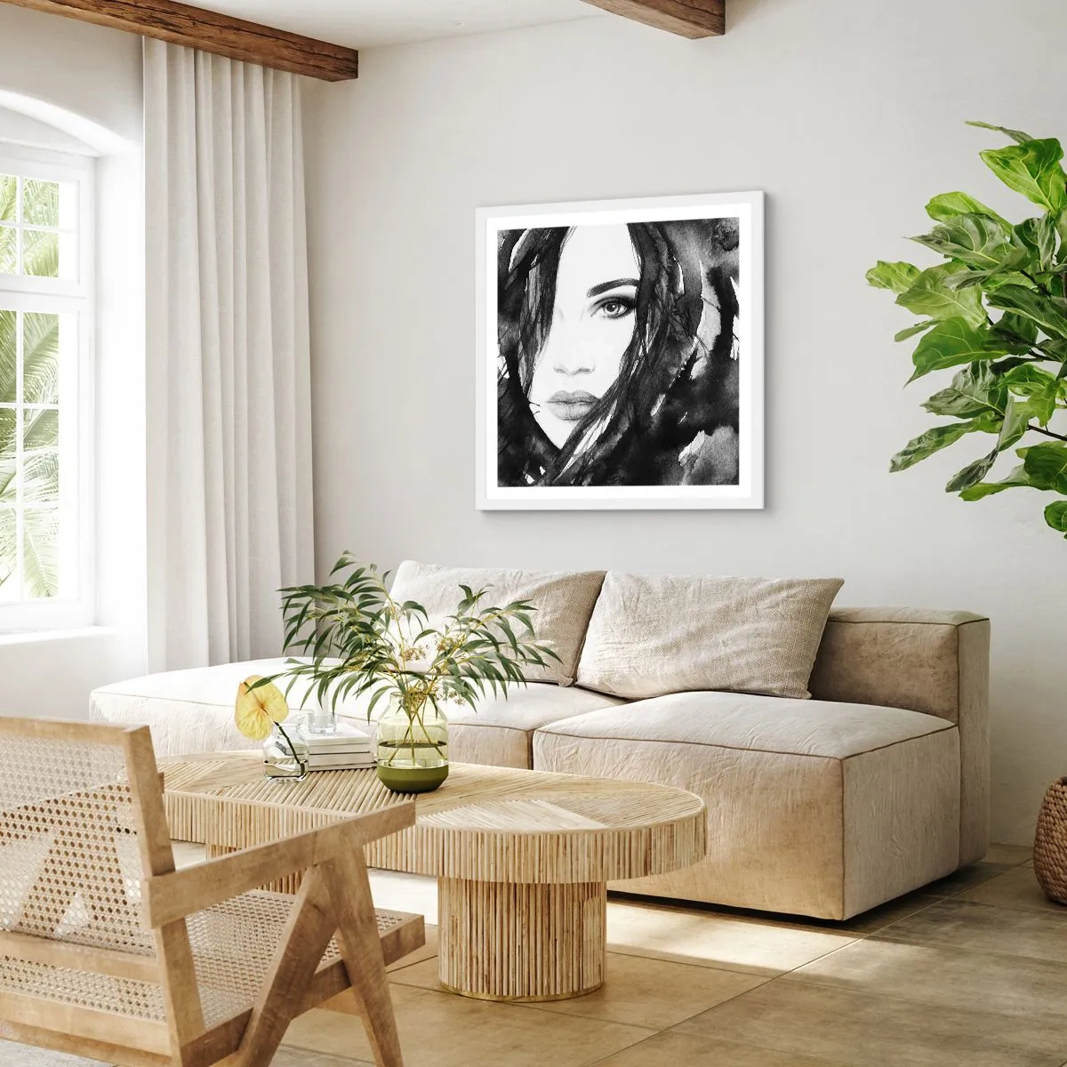 Affiche dans un cadre blanc - Poster - Portrait d'une dame en noir et blanc - 50x50 cm