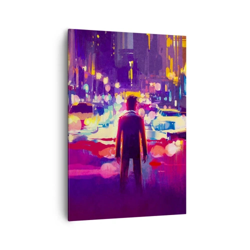 Impression sur toile - Image sur toile - Un homme dans une scène nocturne de ville au néon - 70x100cm - Immergé dans la lumière - Décoration murale moderne pour le salon et la chambre ARTTOR