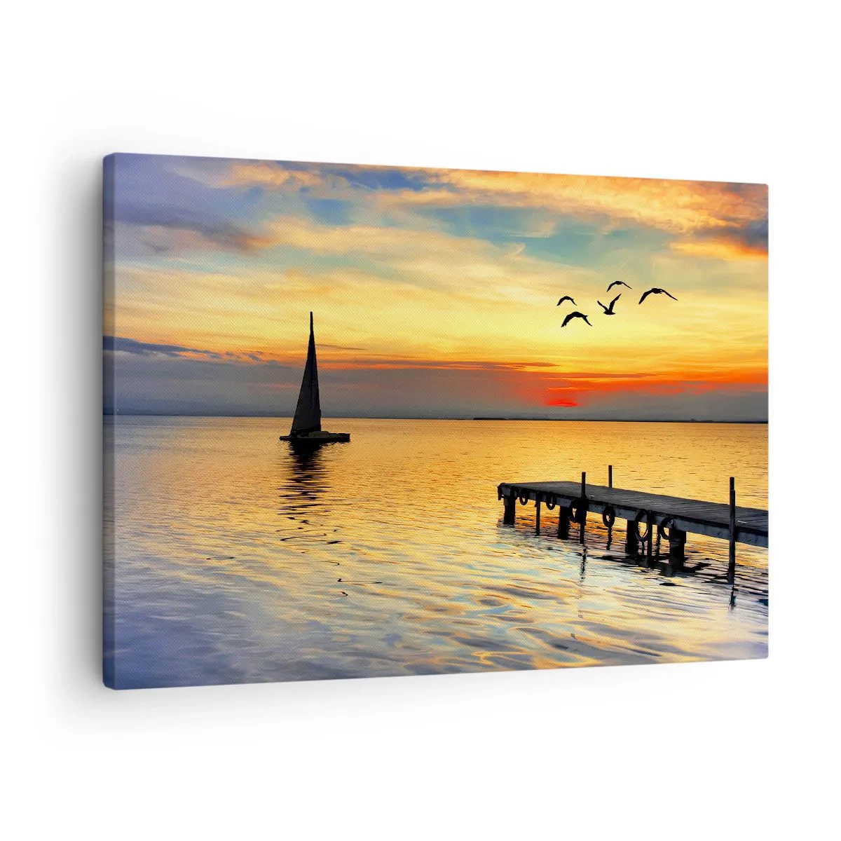 Impression sur toile - Image sur toile - Coucher de soleil avec un voilier et une jetée sur un lac calme - 70x50cm - Le soir revient - Décoration murale moderne pour le salon et la chambre ARTTOR