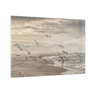 Impression sur verre - Image sur verre - Oiseaux sur le bord de mer à l'aube dans des tons sépia - 100x70cm - Le bruit de la mer, le chant des oiseaux - Décoration murale moderne pour le salon et la chambre ARTTOR