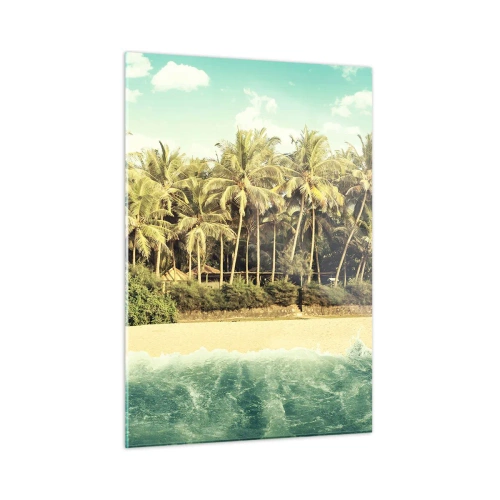Impression sur verre - Image sur verre - Une plage exotique avec des palmiers et une mer turquoise par une journée ensoleillée - 50x70cm - Peut-être ici? - Décoration murale moderne pour le salon et la chambre ARTTOR