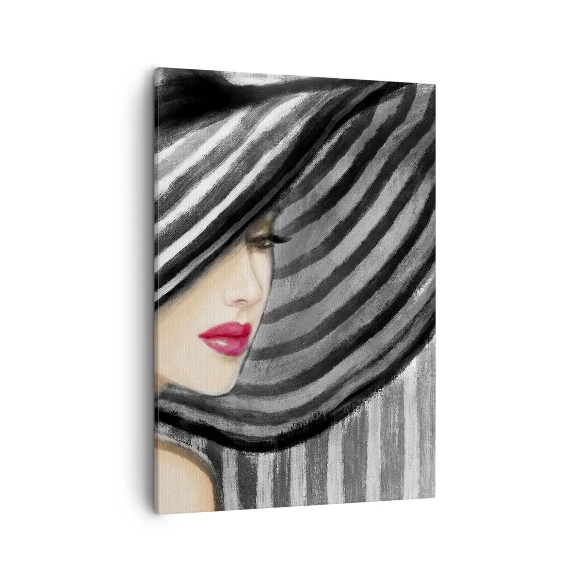 Impression sur toile - Image sur toile - Femme portant un chapeau noir et blanc avec une touche rouge - 50x70cm - Où te chercher ? - Décoration murale moderne pour le salon et la chambre ARTTOR