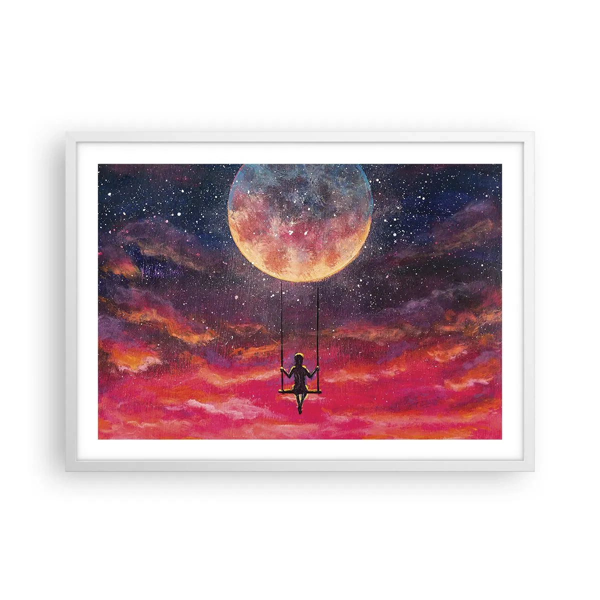 Affiche dans un cadre blanc - Poster - Se balancer dans les nuages - 70x50 cm