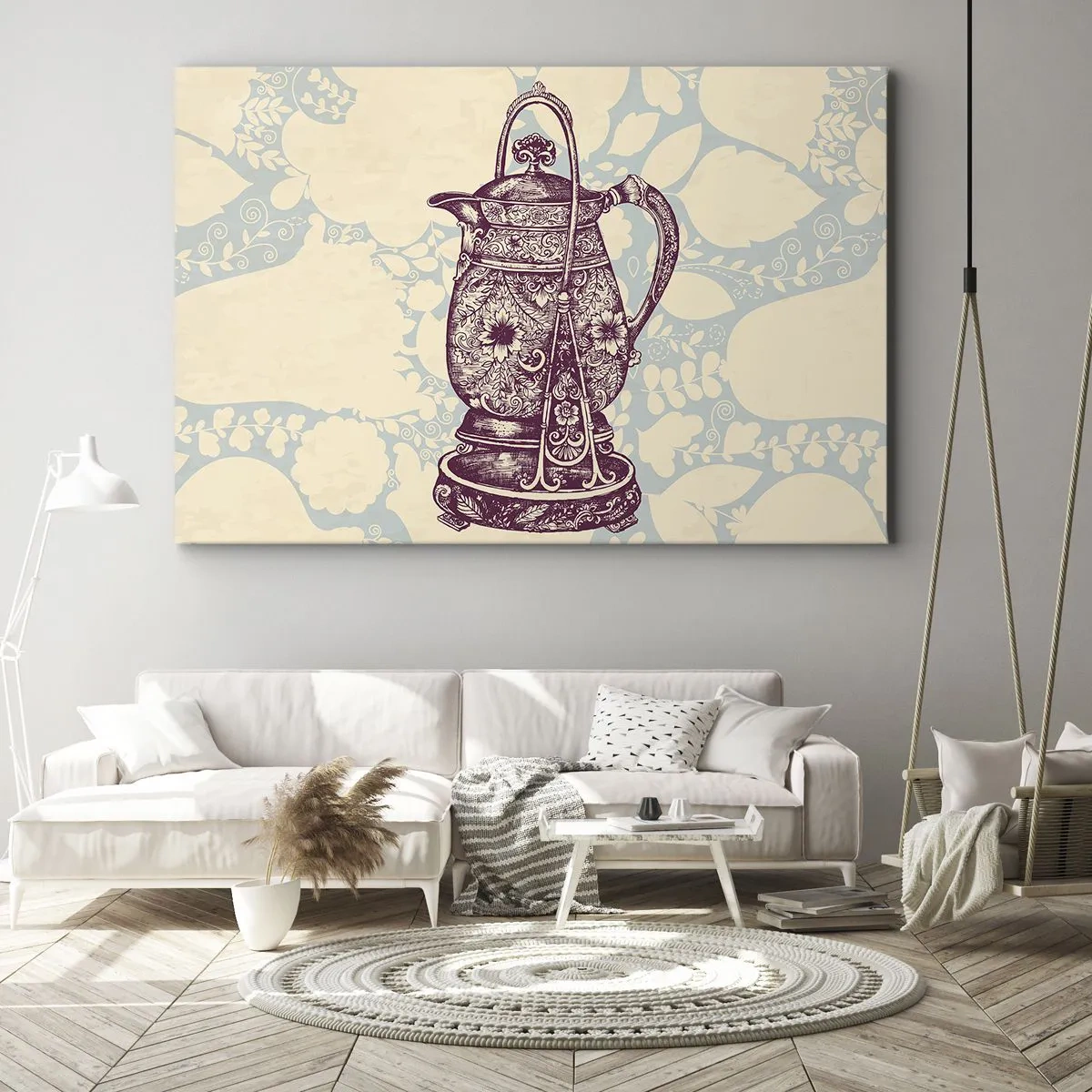 Impression sur toile - Image sur toile - Cruche stylisée avec ornements sur fond floral - 100x70cm - La beauté du quotidien - Décoration murale moderne pour le salon et la chambre ARTTOR