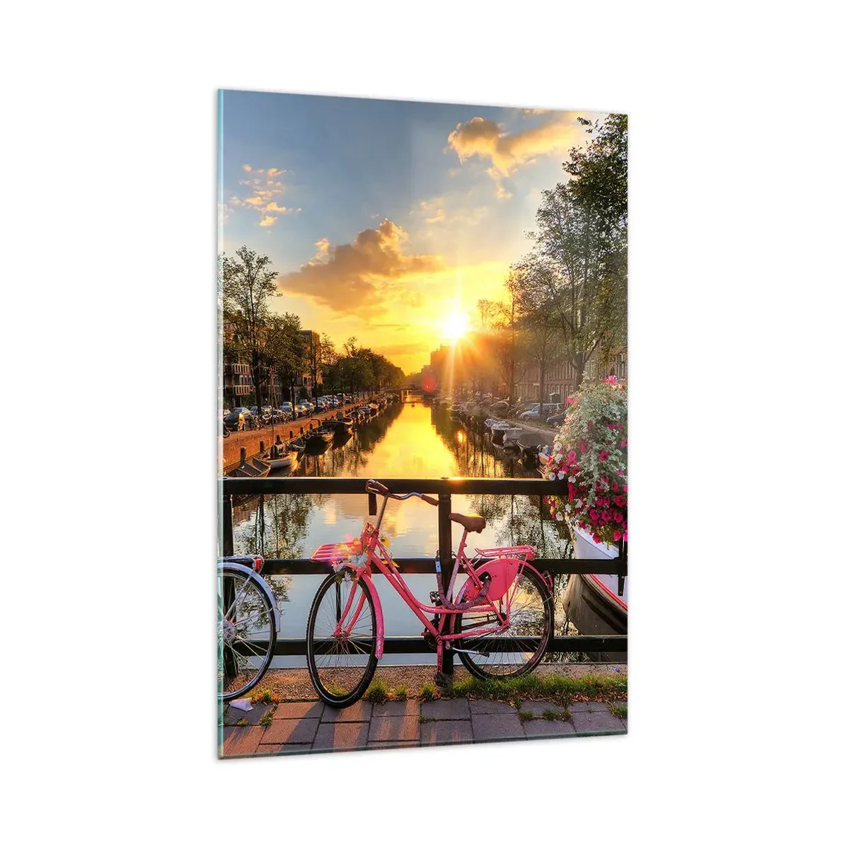 Impression sur verre - Image sur verre - Des vélos sur un pont à la lueur du soleil couchant - 80x120cm - Matin de printemps à Amsterdam - Décoration murale moderne pour le salon et la chambre ARTTOR