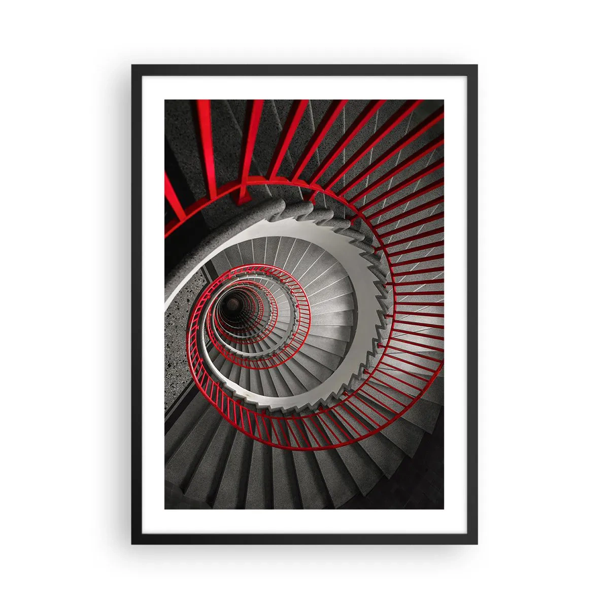 Affiche dans un cadre noir - Poster - Escalier en colimaçon noir et blanc avec rampes rouges - 50x70cm - Amusement architectural - Décoration murale moderne pour le salon et la chambre ARTTOR