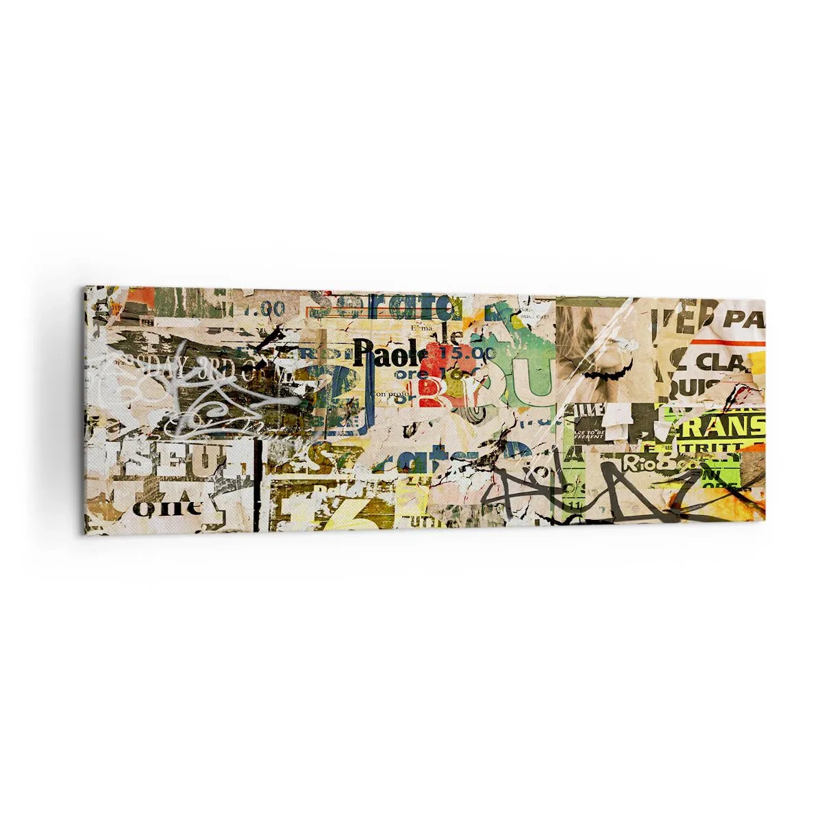 Impression sur toile - Image sur toile - Un collage de fragments de journaux et d'affiches dans un style artistique. - 160x50cm - Oh, il se passe quelque chose... - Décoration murale moderne pour le salon et la chambre ARTTOR