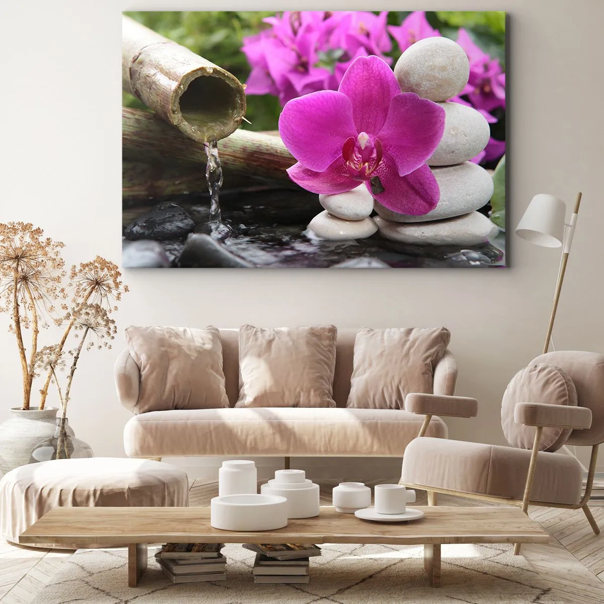 Impression sur toile - Image sur toile - Orchidée violette, pierres et bambou avec de l'eau dans un cadre relaxant - 120x80cm - Tu te reposes déjà - Décoration murale moderne pour le salon et la chambre ARTTOR