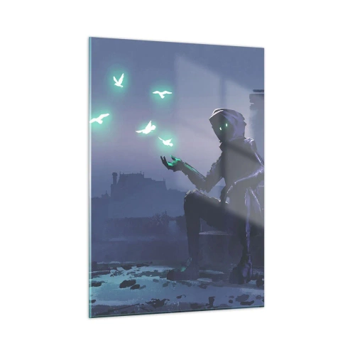 Impression sur verre - Image sur verre - Une silhouette dans le noir entourée d'oiseaux verts flottants - 50x70cm - La vie reviendra - Décoration murale moderne pour le salon et la chambre ARTTOR