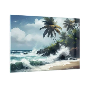 Impression sur verre - Image sur verre - Vagues s'écrasant contre les rochers près des palmiers sur une plage tropicale - 100x70cm - Sur une côte tropicale - Décoration murale moderne pour le salon et la chambre ARTTOR