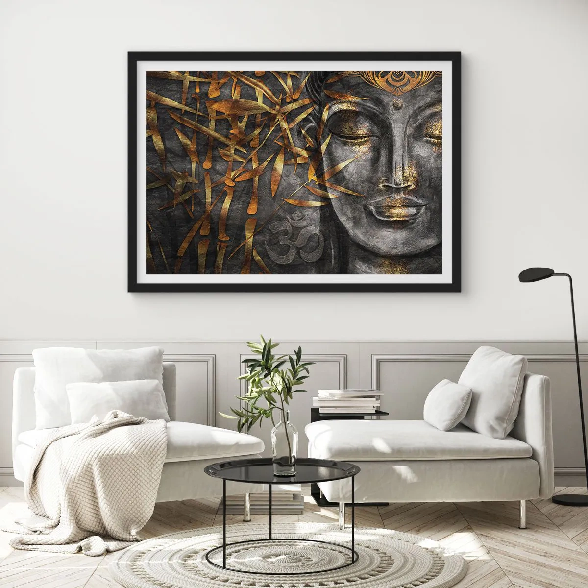 Affiche dans un cadre noir - Poster - Image de Bouddha zen avec des bambous dorés - 70x50cm - Ressentir le calme - Décoration murale moderne pour le salon et la chambre ARTTOR