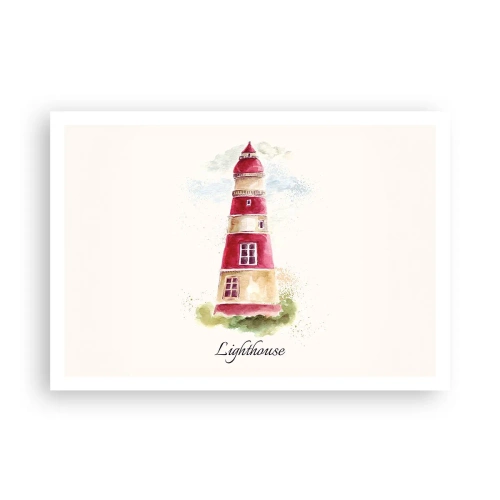 Affiche - Poster - Une aquarelle représentant un phare sur fond clair avec une inscription - 100x70cm - Il y a toujours beau temps autour - Décoration murale moderne pour le salon et la chambre ARTTOR