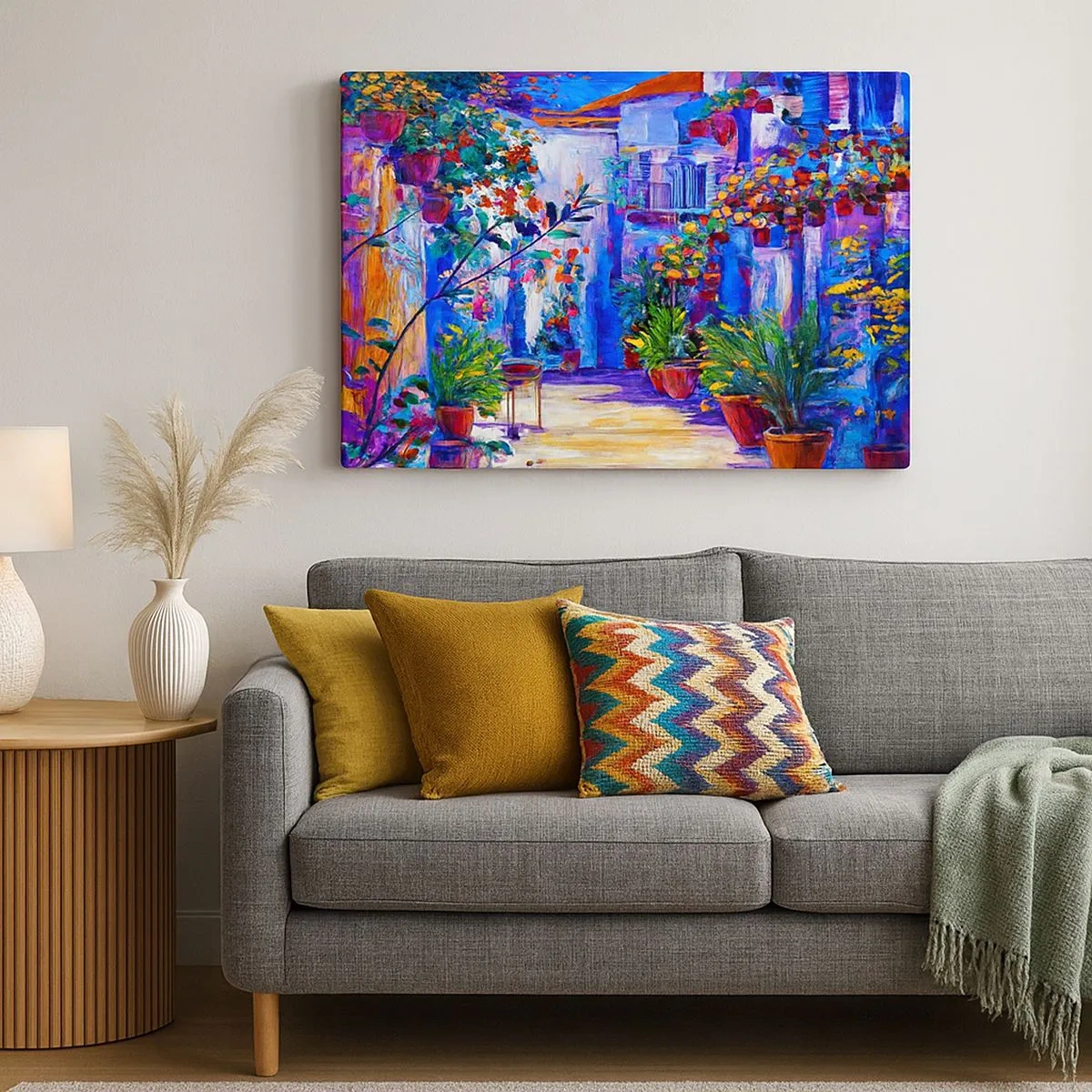 Impression sur toile - Image sur toile - Une rue colorée pleine de fleurs - 70x50cm - Impression - une rue italienne - Décoration murale moderne pour le salon et la chambre ARTTOR