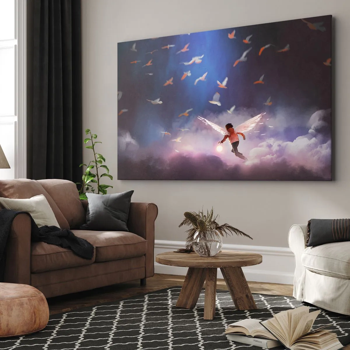 Impression sur toile - Image sur toile - Une figure avec des ailes d'ange flottant parmi les oiseaux dans le ciel - 120x80cm - Il faut de l'imagination et du courage - Décoration murale moderne pour le salon et la chambre ARTTOR