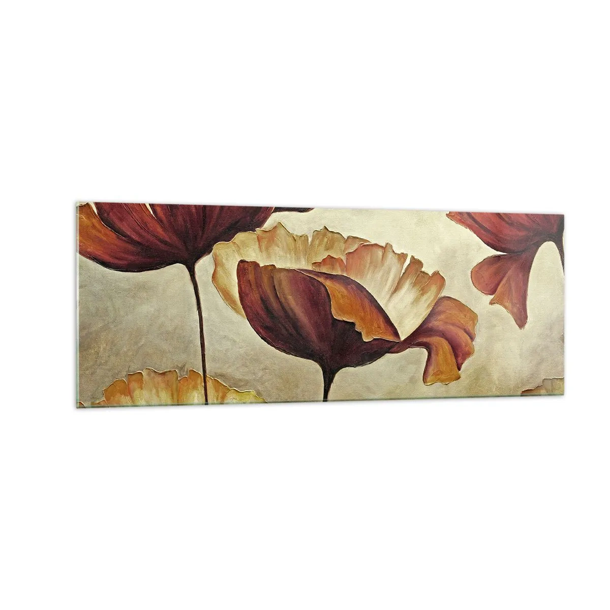 Impression sur verre - Image sur verre - Fleurs subtiles dans des tons de rouge et d'or sur un fond clair - 140x50cm - À la lisière des champs - Décoration murale moderne pour le salon et la chambre ARTTOR