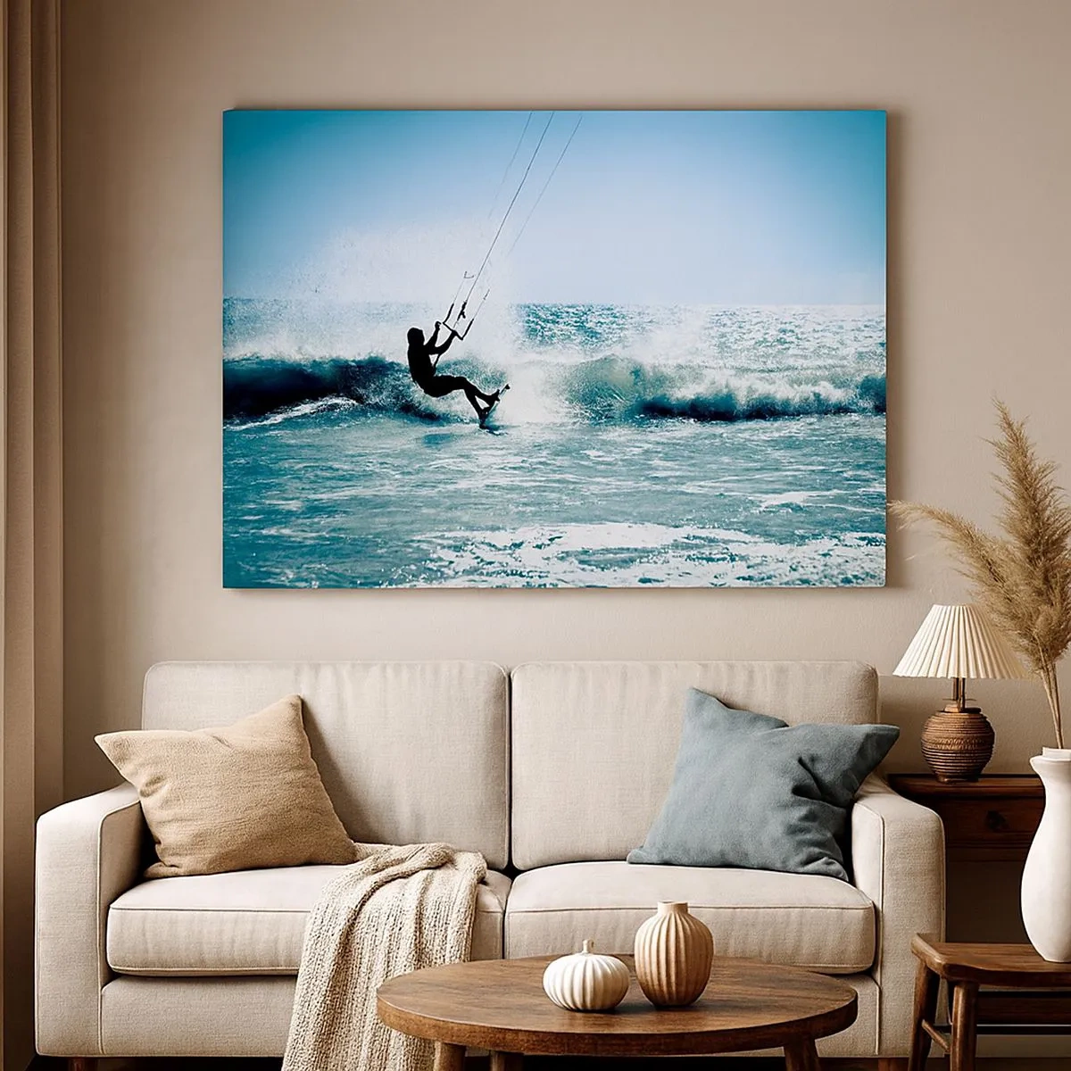 Impression sur toile - Image sur toile - Kitesurfeur sur une vague en plein soleil - 70x50cm - On se laisse emporter - Décoration murale moderne pour le salon et la chambre ARTTOR