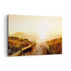 Impression sur toile - Image sur toile - Chemin vers la plage pendant un coucher de soleil doré - 100x70cm - A travers la dune, vers le soleil - Décoration murale moderne pour le salon et la chambre ARTTOR