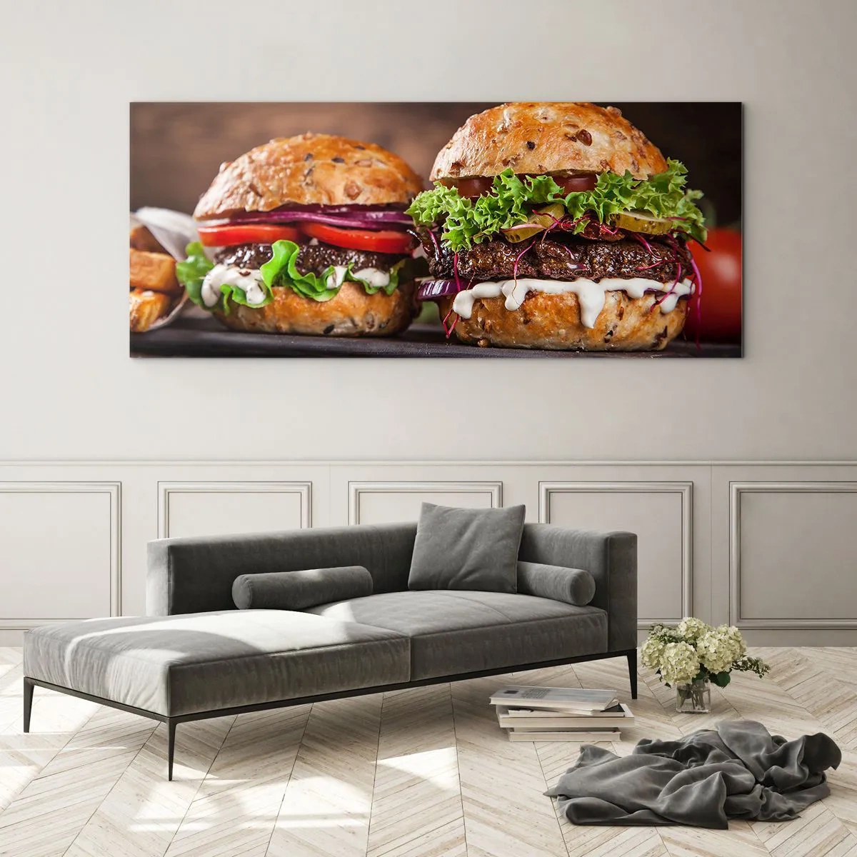 Impression sur verre - Image sur verre - Burgers appétissants avec légumes et sauce - 140x50cm - American dream - Décoration murale moderne pour le salon et la chambre ARTTOR