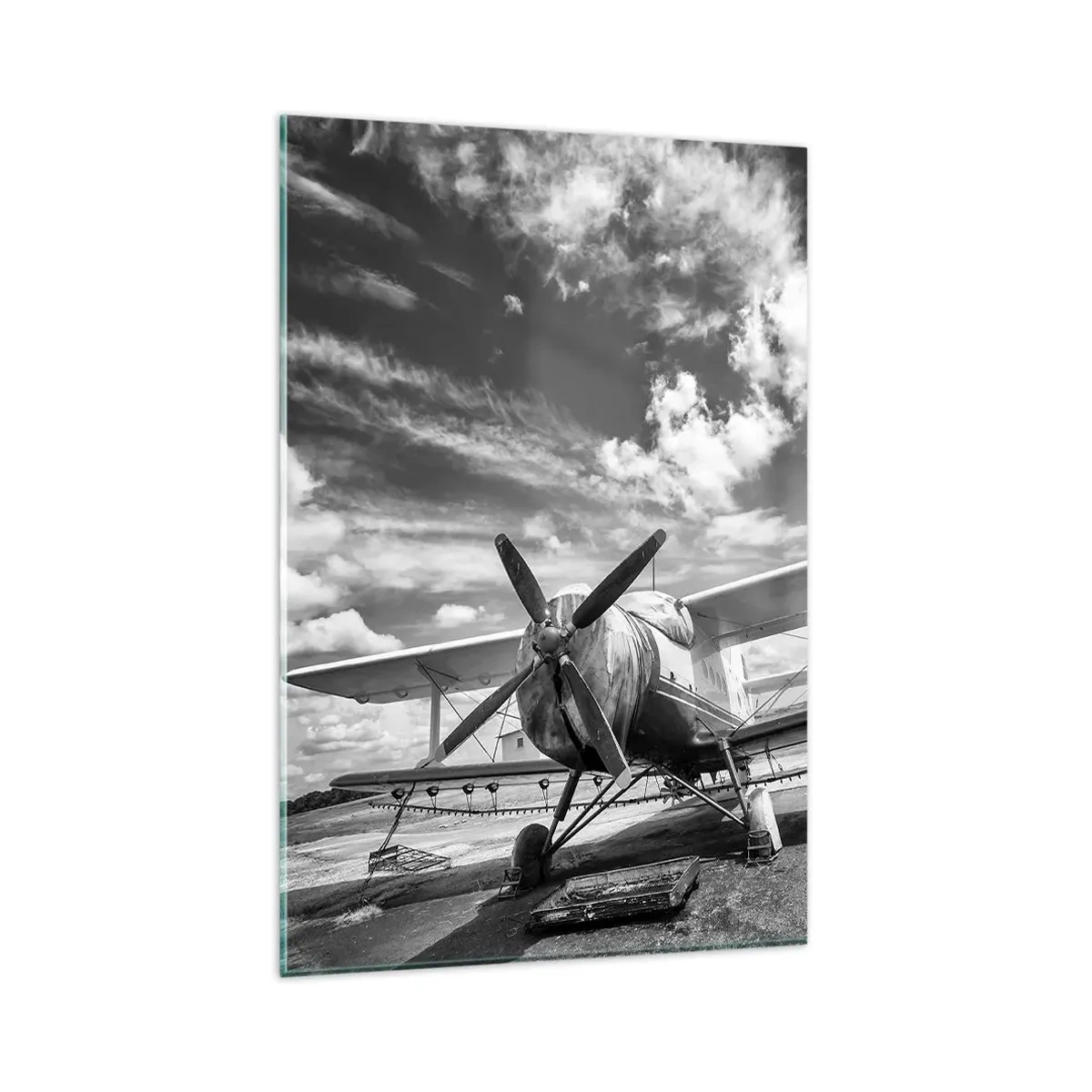 Impression sur verre - Image sur verre - Un vieil avion à l'aéroport en noir et blanc - 80x120cm - Je suis impatient! - Décoration murale moderne pour le salon et la chambre ARTTOR