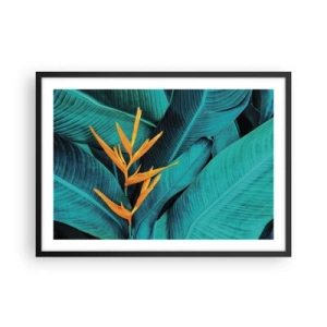 Affiche dans un cadre noir - Poster - Une fleur exotique sur fond de feuilles de bananier aux tons turquoise. - 70x50cm - Fleur d'Eden - Décoration murale moderne pour le salon et la chambre ARTTOR