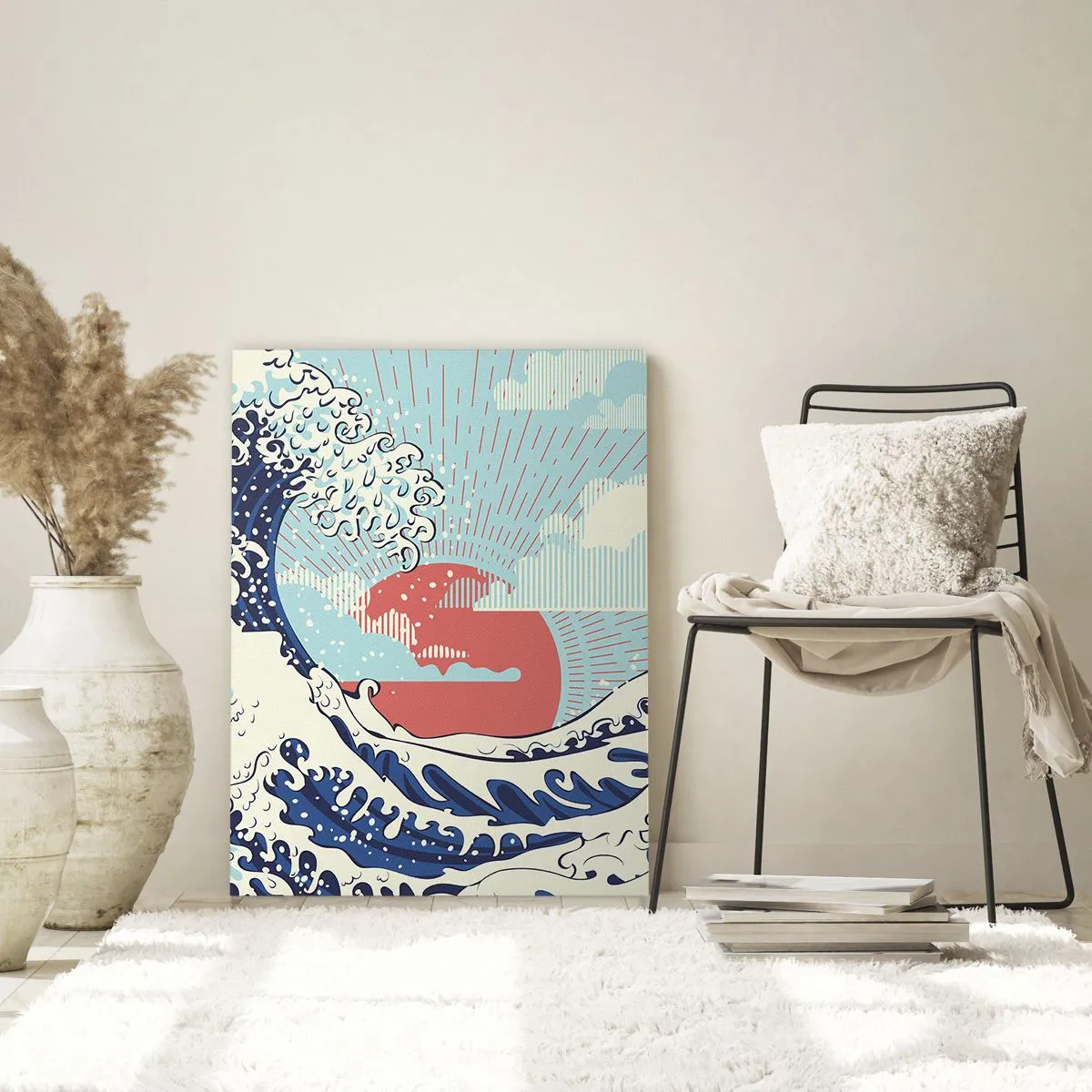 Impression sur verre - Image sur verre - Vagues de l'océan et coucher de soleil à la japonaise - 70x100cm - D'une inspiration japonnaise - Décoration murale moderne pour le salon et la chambre ARTTOR