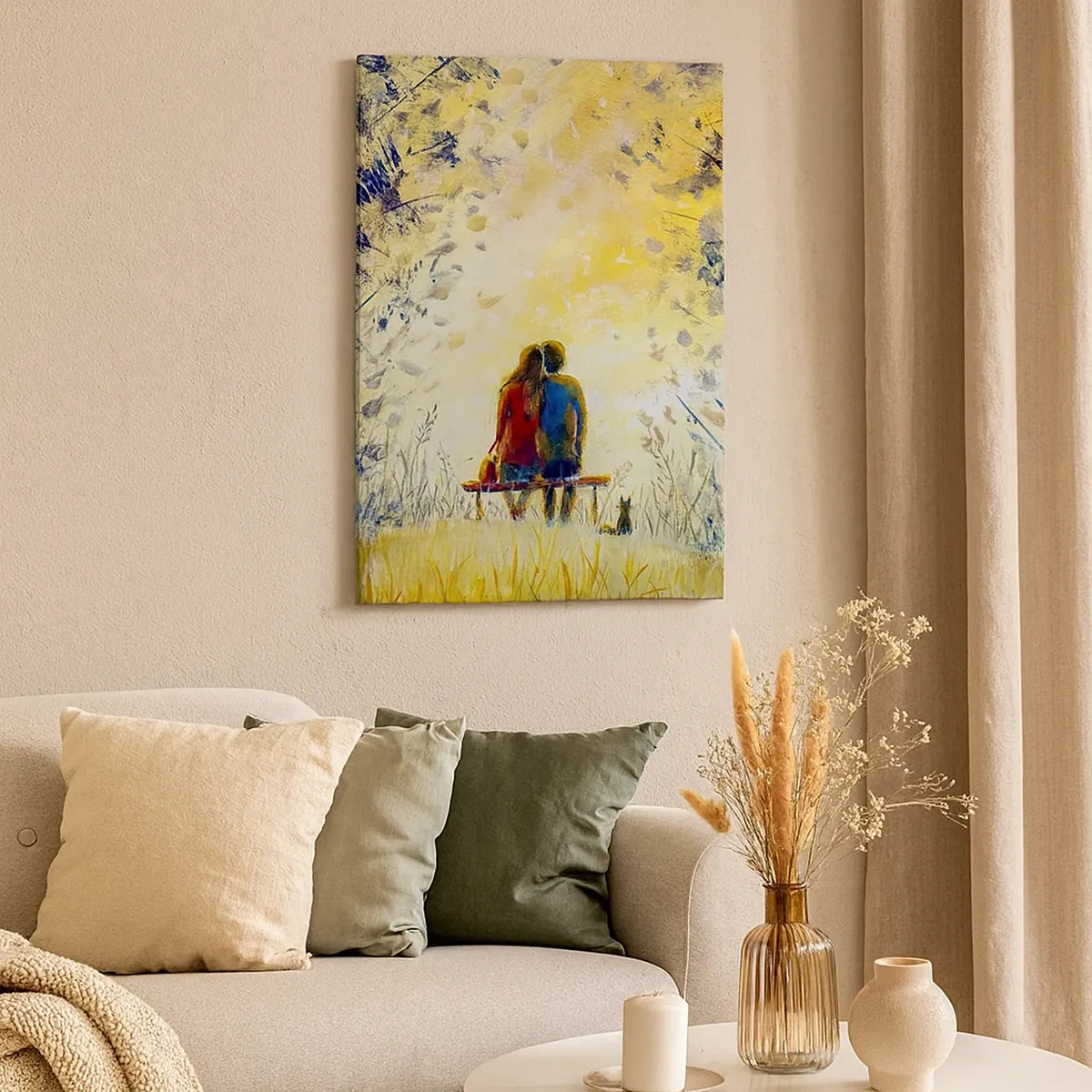 Impression sur toile - Image sur toile - Un couple assis sur un banc parmi les arbres d'automne au soleil - 50x70cm - Moment magique - Décoration murale moderne pour le salon et la chambre ARTTOR
