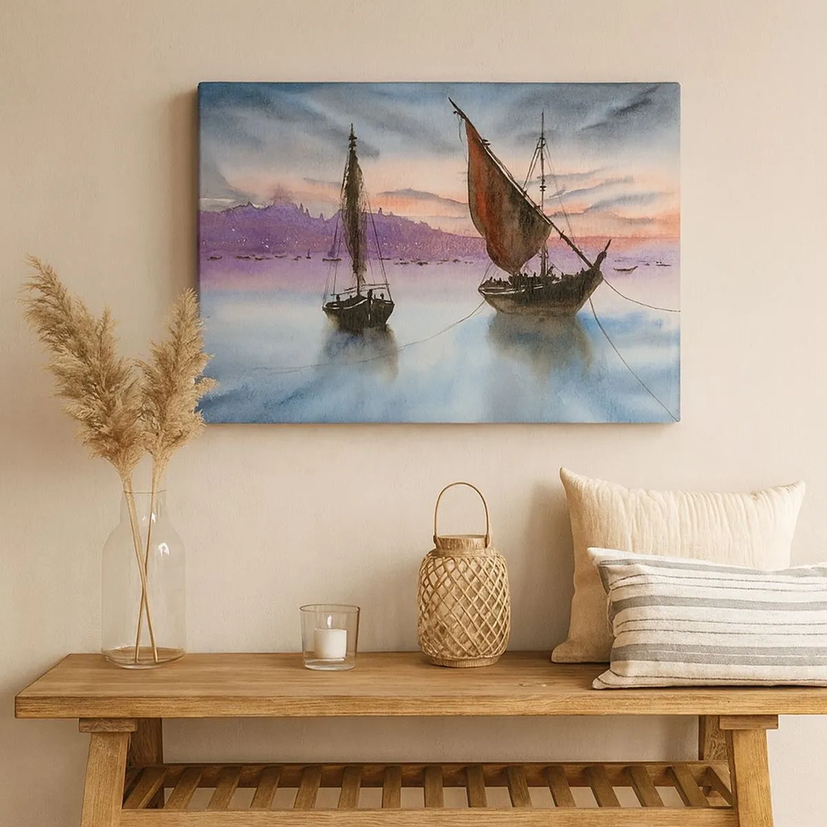 Impression sur toile - Image sur toile - Deux voiliers amarrés sur une eau calme au crépuscule - 70x50cm - Soirée au port - Décoration murale moderne pour le salon et la chambre ARTTOR