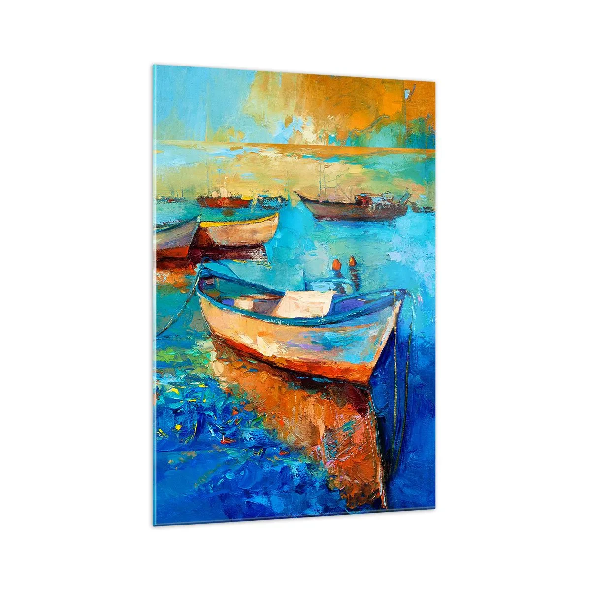 Impression sur verre - Image sur verre - Bateaux colorés amarrés sur une eau calme - 70x100cm - Dans la baie du sud - Décoration murale moderne pour le salon et la chambre ARTTOR