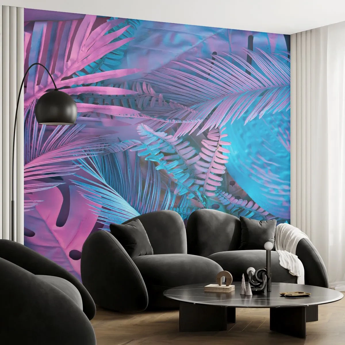 Papier Peint Autocollant Deluxe Sticker - Les tropiques en rose et bleu - Abstraction, Feuilles, Plante tropicale - 150x105 cm