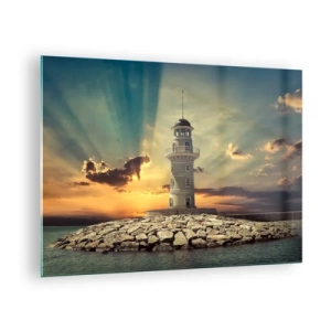 Impression sur verre - Image sur verre - Un phare sur fond de soleil couchant - 70x50cm - Lumière - Bonté - Beauté - Décoration murale moderne pour le salon et la chambre ARTTOR