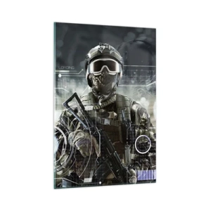 Impression sur verre - Image sur verre - Un soldat portant un casque futuriste avec une arme à feu en arrière-plan de la technologie. - 80x120cm - Puissance sans limite - Décoration murale moderne pour le salon et la chambre ARTTOR