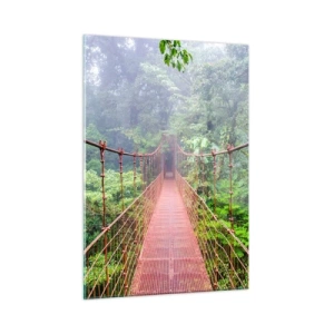 Impression sur verre - Image sur verre - Un pont suspendu rouge au-dessus d'une jungle verte dans le brouillard - 50x70cm - Suspendu sur les couronnes - Décoration murale moderne pour le salon et la chambre ARTTOR