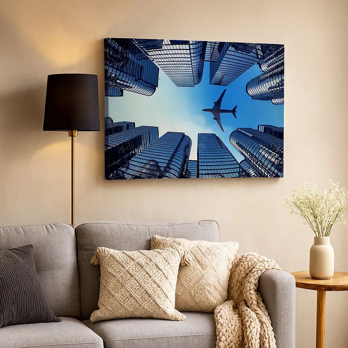 Impression sur toile - Image sur toile - Un avion survolant des gratte-ciels modernes dans le centre-ville. - 70x50cm - La vue depuis le ravin de verre - Décoration murale moderne pour le salon et la chambre ARTTOR