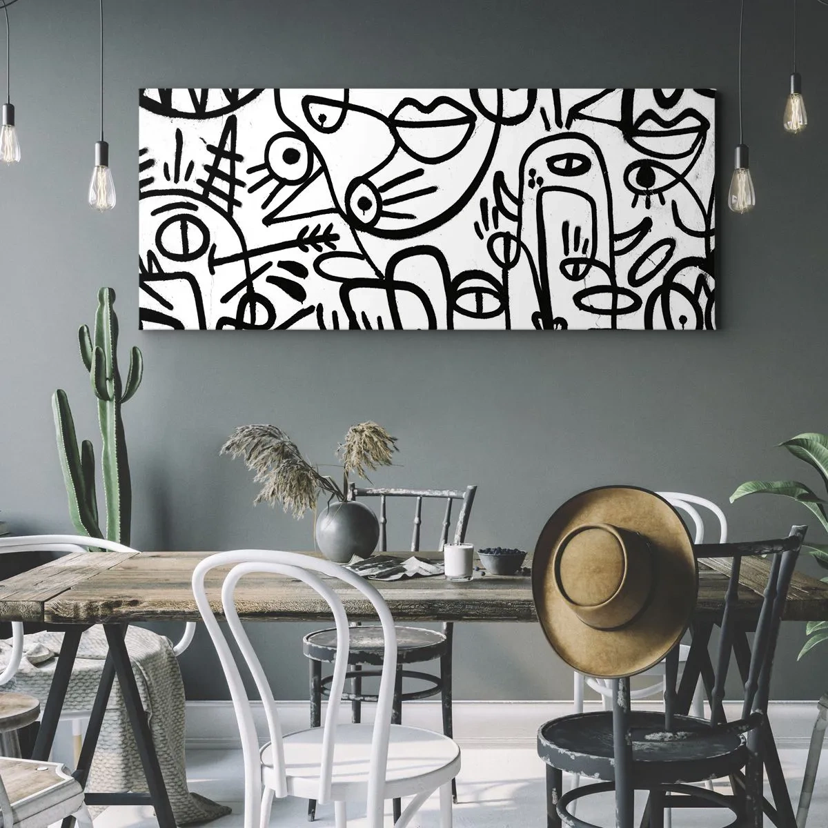 Impression sur toile - Image sur toile - Dessins abstraits en noir et blanc avec des motifs faciaux - 120x50cm - Visages et mirages - Décoration murale moderne pour le salon et la chambre ARTTOR