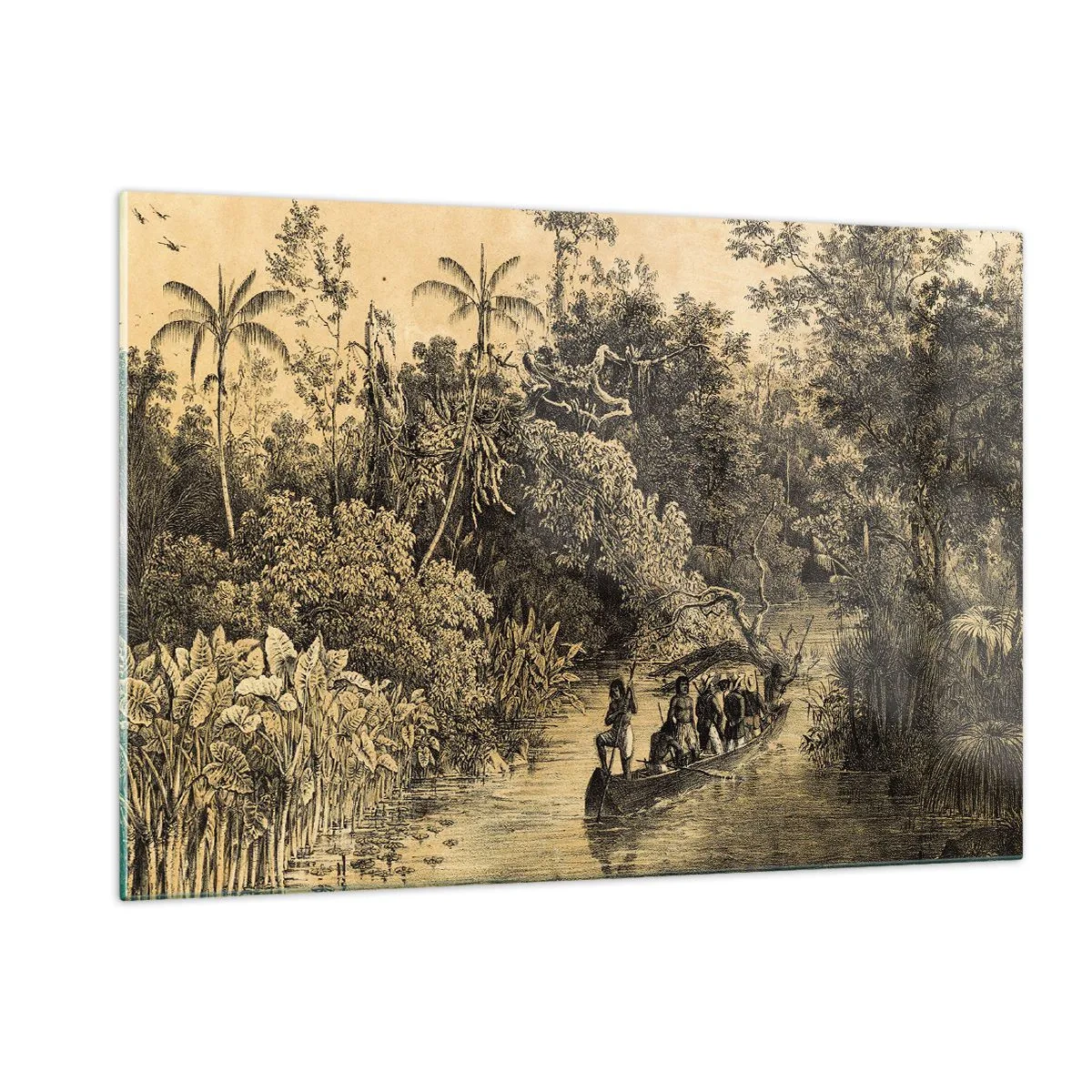 Impression sur verre - Image sur verre - Impression rétro représentant un voyage à travers la jungle - 120x80cm - Expédition à la source - Décoration murale moderne pour le salon et la chambre ARTTOR