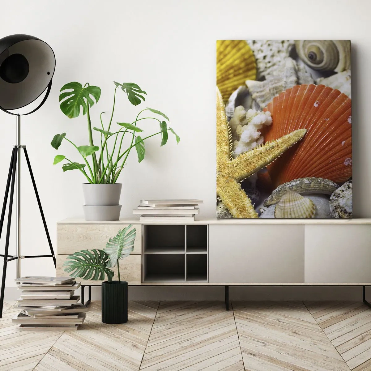 Impression sur toile - Image sur toile - Coquillages et étoiles de mer dans une composition marine - 80x120cm - Trésors de l'océan - Décoration murale moderne pour le salon et la chambre ARTTOR