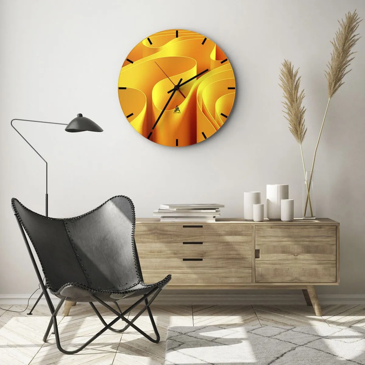 Horloge murale - Pendule murale - Formes abstraites dorées ressemblant à des vagues de lumière - 30x30cm - Comme les vagues du soleil - Décoration murale moderne pour le salon, la cuisine et la chambre ARTTOR