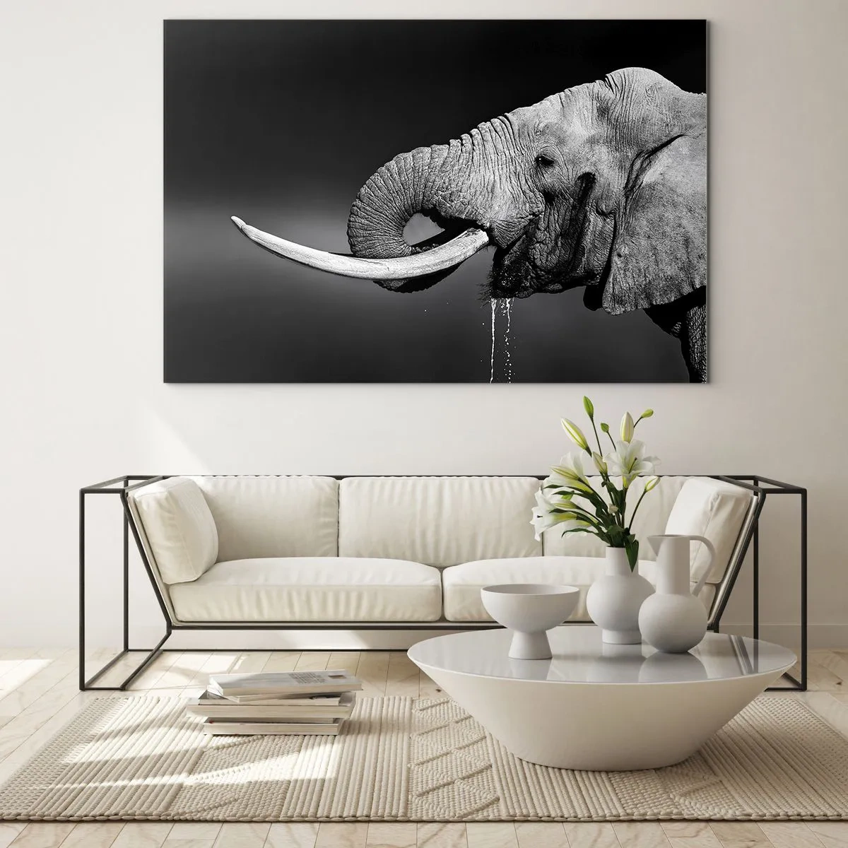 Impression sur verre - Image sur verre - Portrait noir et blanc d'un éléphant avec une trompe - 70x50cm - Oui, c'est bon maintenant - Décoration murale moderne pour le salon et la chambre ARTTOR