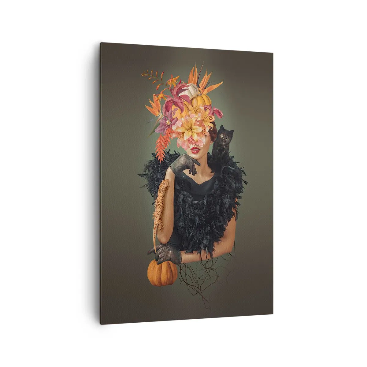 Impression sur toile - Image sur toile - Portrait d'une femme aux motifs d'automne et un chat - 70x100cm - Sort de sorcière - Décoration murale moderne pour le salon et la chambre ARTTOR