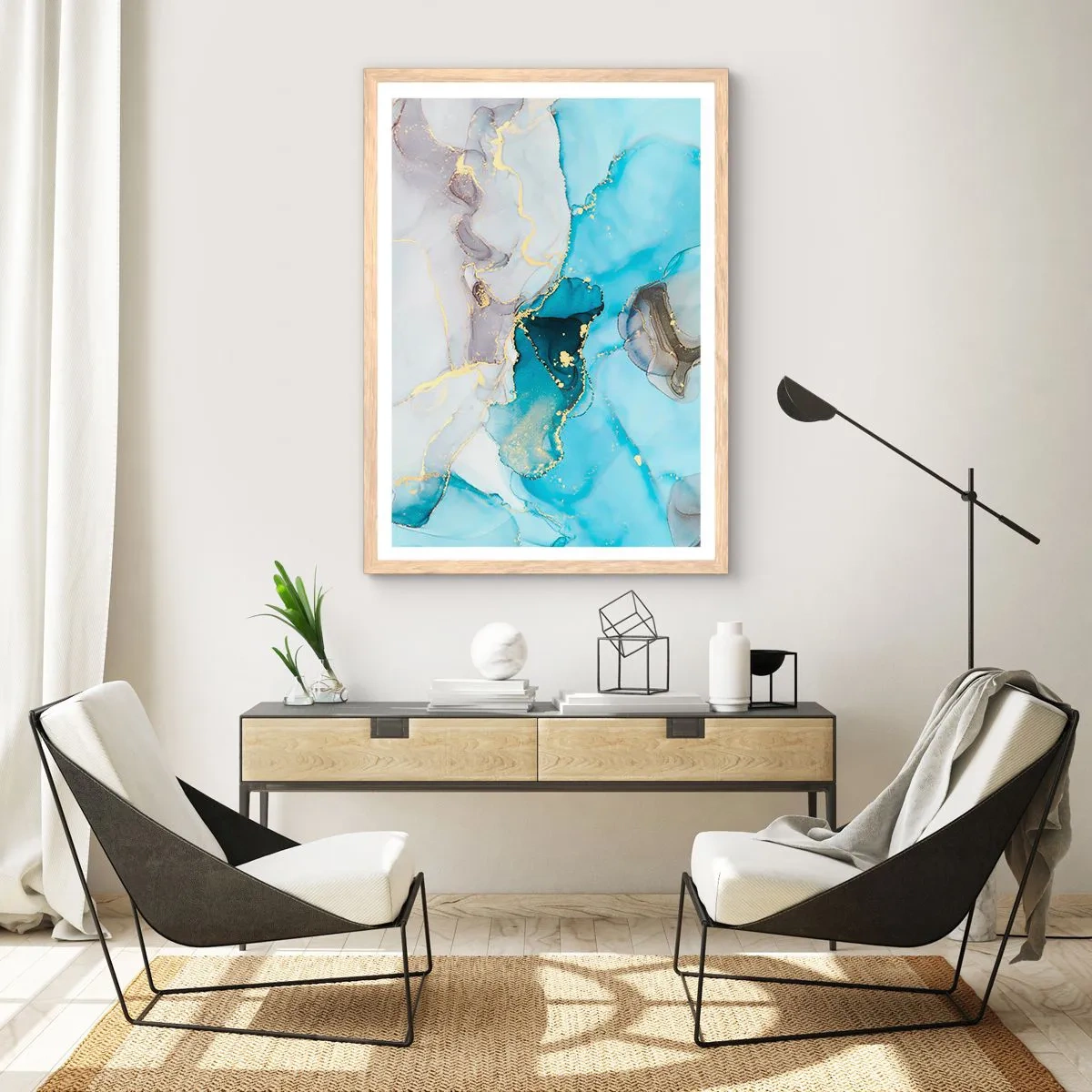 Affiche dans un chêne clair - Poster - Etude de la rencontre gris et turquoise - 61x91 cm