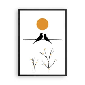 Affiche dans un cadre noir - Poster - Deux oiseaux sur une branche avec un soleil orange en arrière-plan - 50x70cm - Soirée pour rossignols - Décoration murale moderne pour le salon et la chambre ARTTOR